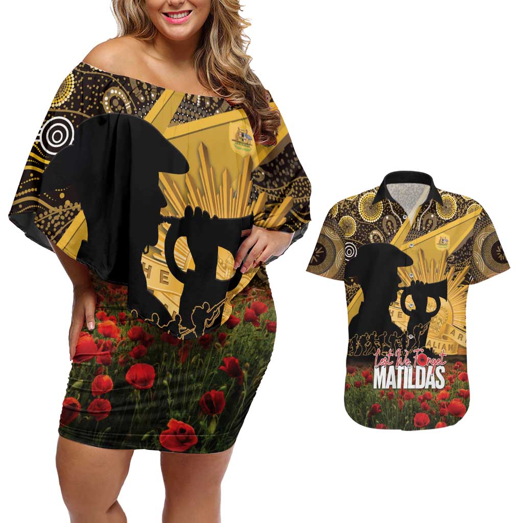 Personalised Australia Matildas ANZAC Day Couples Matching Off Shoulder Short Dress and Hawaiian Shirt Last Post Poppy Lest We Forget