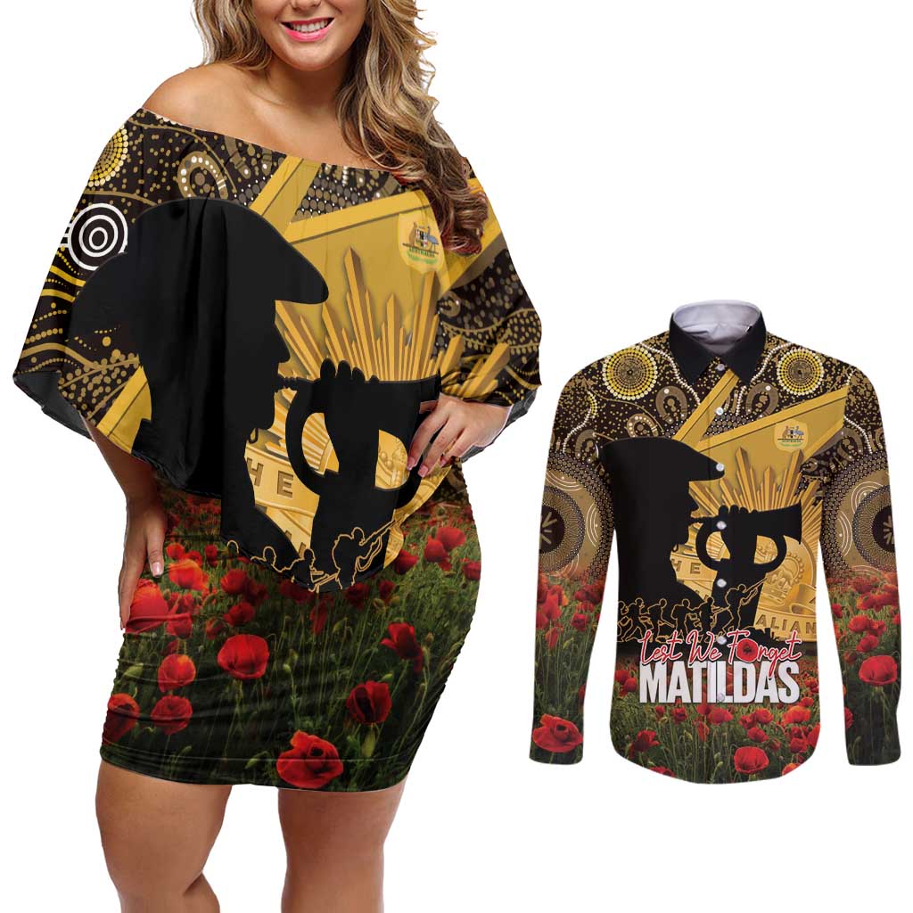 Personalised Australia Matildas ANZAC Day Couples Matching Off Shoulder Short Dress and Long Sleeve Button Shirt Last Post Poppy Lest We Forget
