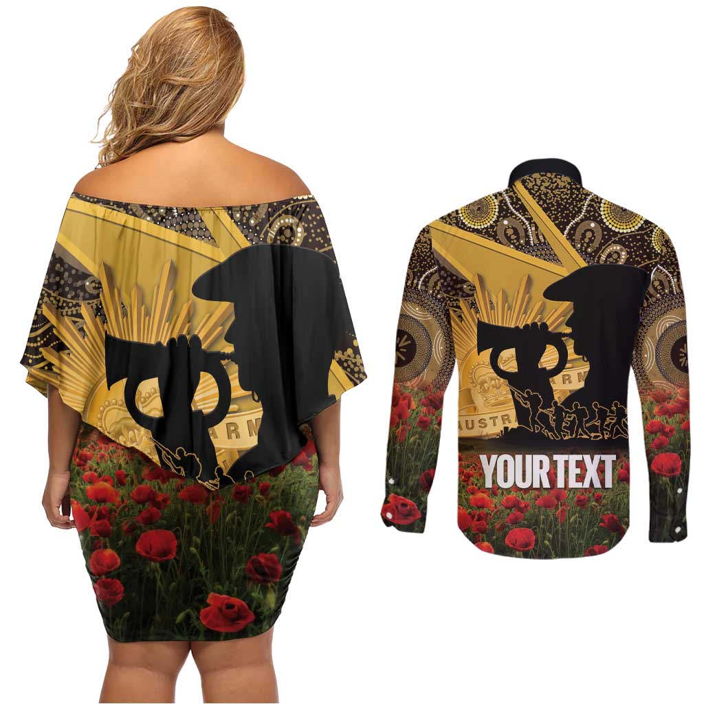 Personalised Australia Matildas ANZAC Day Couples Matching Off Shoulder Short Dress and Long Sleeve Button Shirt Last Post Poppy Lest We Forget