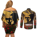 Personalised Australia Matildas ANZAC Day Couples Matching Off Shoulder Short Dress and Long Sleeve Button Shirt Last Post Poppy Lest We Forget
