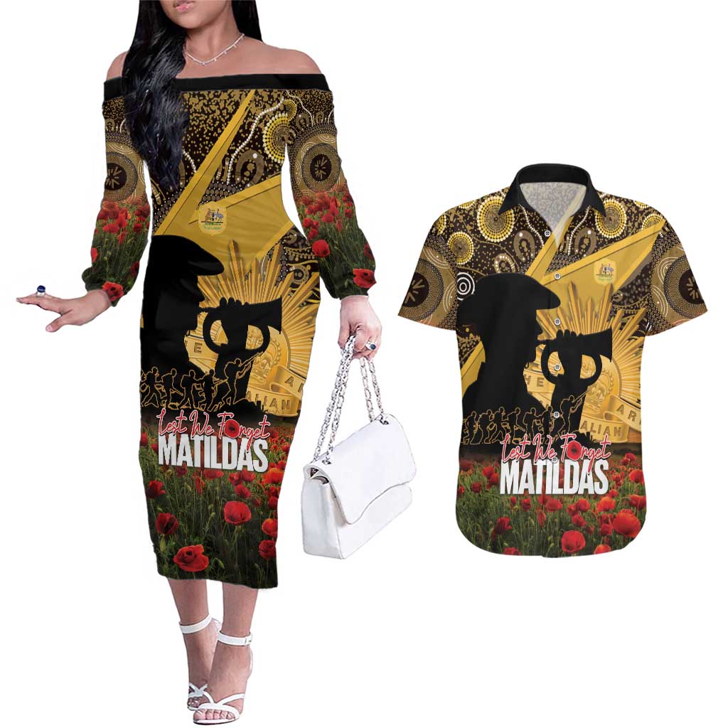 Personalised Australia Matildas ANZAC Day Couples Matching Off The Shoulder Long Sleeve Dress and Hawaiian Shirt Last Post Poppy Lest We Forget