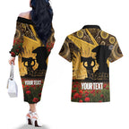 Personalised Australia Matildas ANZAC Day Couples Matching Off The Shoulder Long Sleeve Dress and Hawaiian Shirt Last Post Poppy Lest We Forget