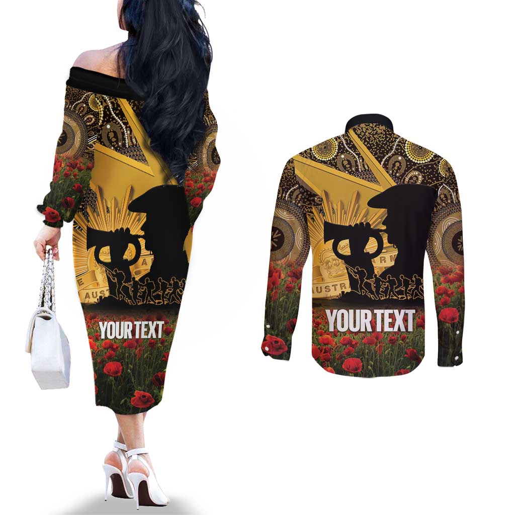 Personalised Australia Matildas ANZAC Day Couples Matching Off The Shoulder Long Sleeve Dress and Long Sleeve Button Shirt Last Post Poppy Lest We Forget