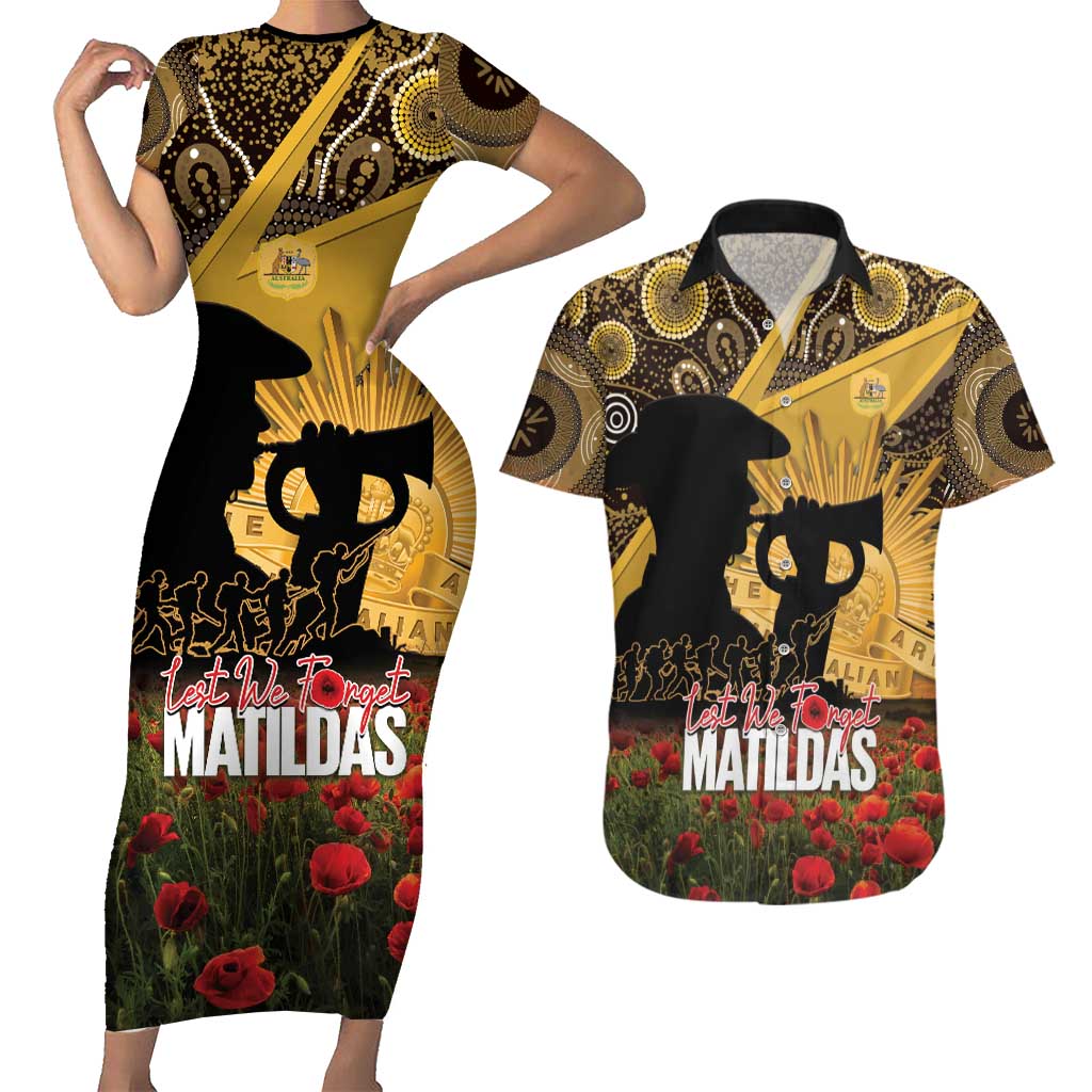 Personalised Australia Matildas ANZAC Day Couples Matching Short Sleeve Bodycon Dress and Hawaiian Shirt Last Post Poppy Lest We Forget
