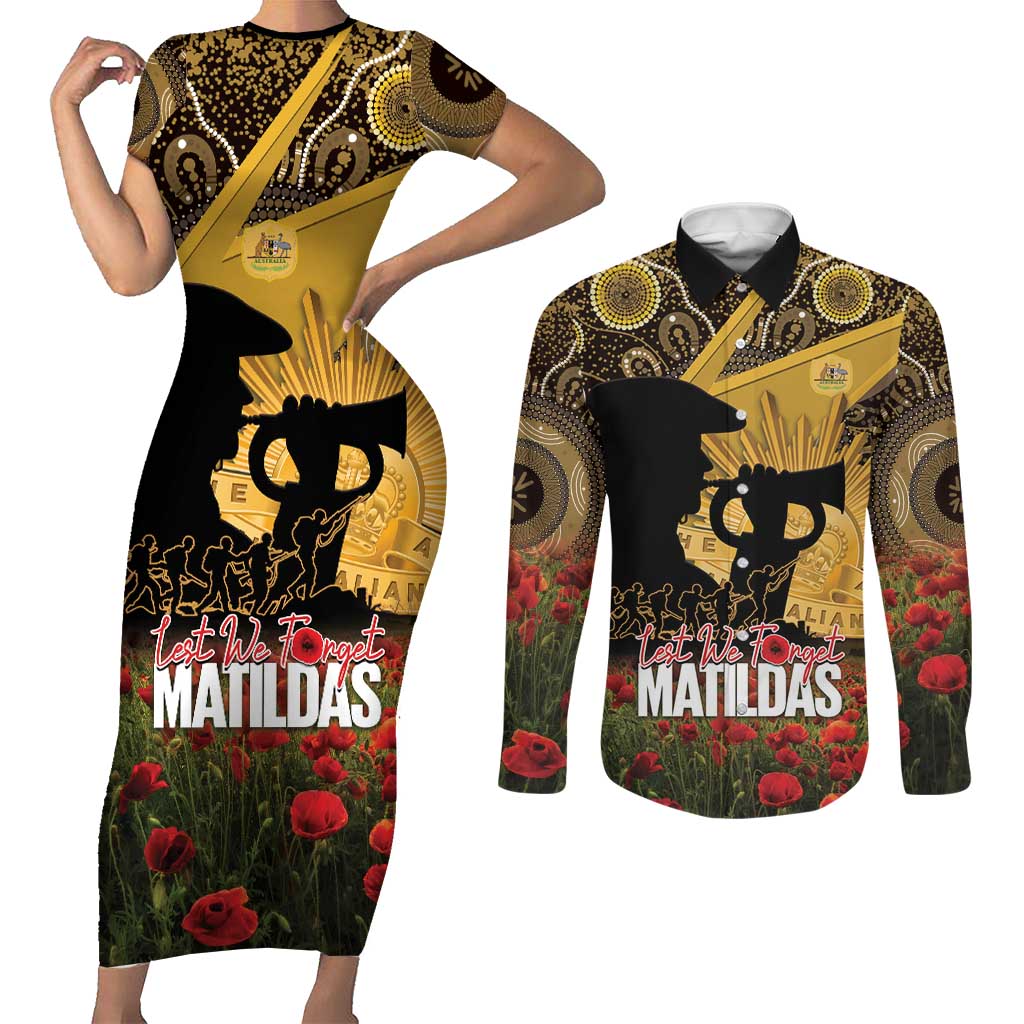 Personalised Australia Matildas ANZAC Day Couples Matching Short Sleeve Bodycon Dress and Long Sleeve Button Shirt Last Post Poppy Lest We Forget