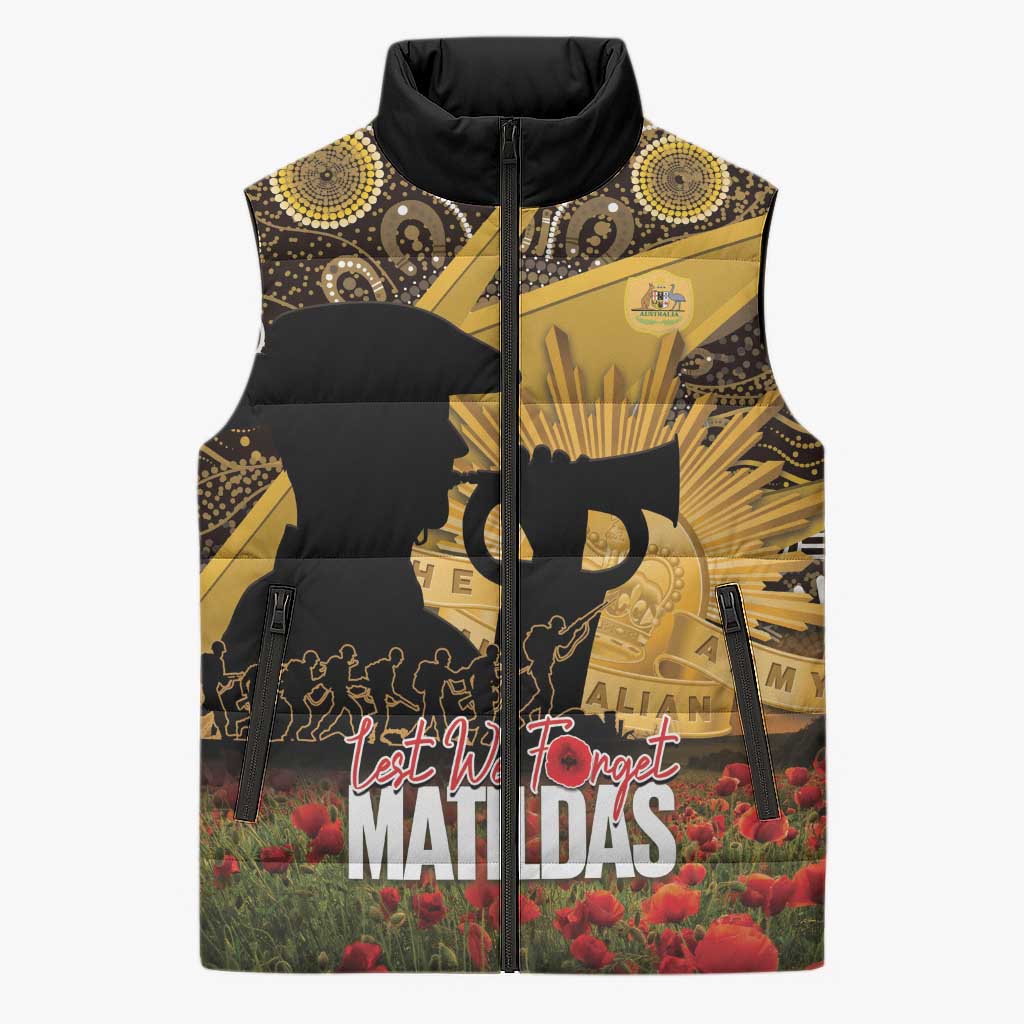 Personalised Australia Matildas ANZAC Day Sleeveless Puffer Jacket Last Post Poppy Lest We Forget