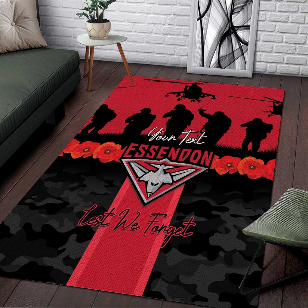 Personalised Essendon Football ANZAC Day Area Rug Bombers Poppy Lest We Forget