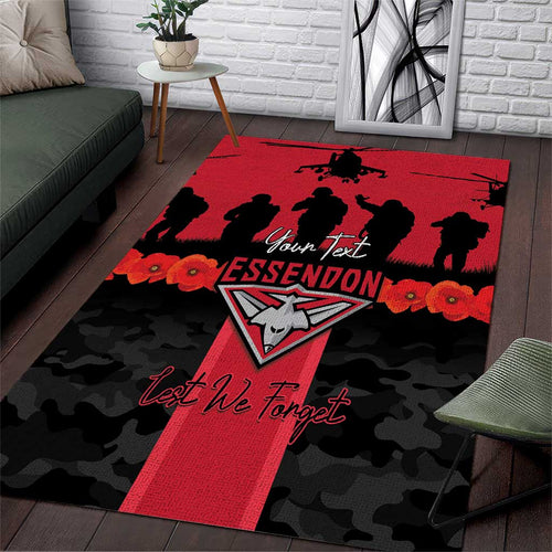 Personalised Essendon Football ANZAC Day Area Rug Bombers Poppy Lest We Forget