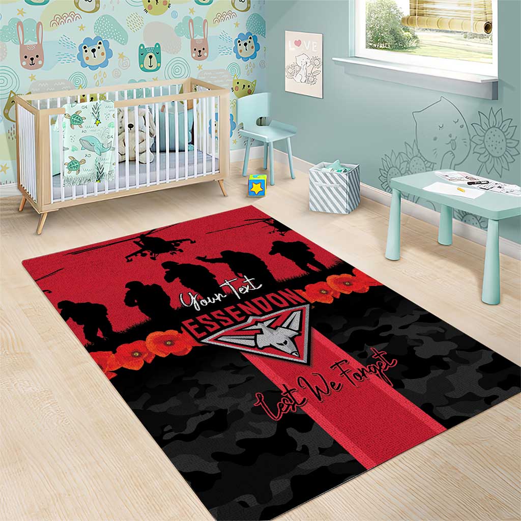 Personalised Essendon Football ANZAC Day Area Rug Bombers Poppy Lest We Forget