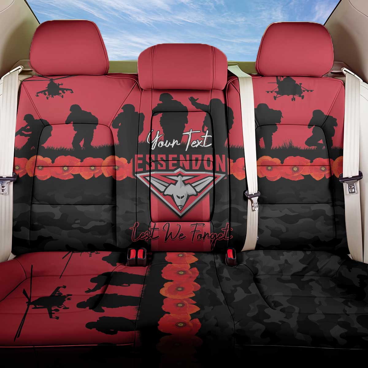 Personalised Essendon Football ANZAC Day Back Car Seat Cover Bombers Poppy Lest We Forget