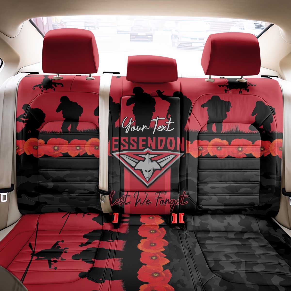 Personalised Essendon Football ANZAC Day Back Car Seat Cover Bombers Poppy Lest We Forget