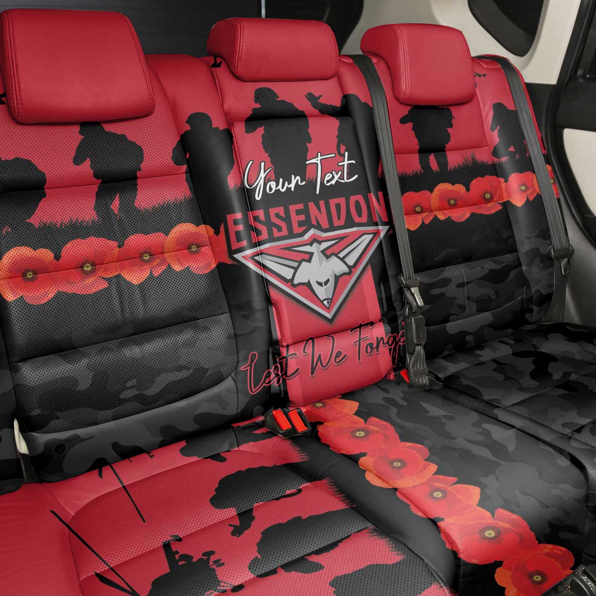 Personalised Essendon Football ANZAC Day Back Car Seat Cover Bombers Poppy Lest We Forget