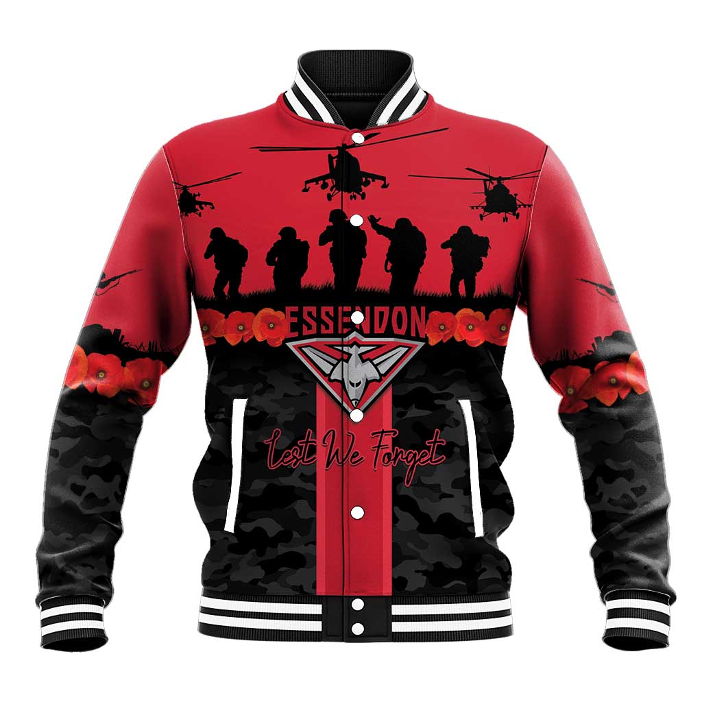 Personalised Essendon Football ANZAC Day Baseball Jacket Bombers Poppy Lest We Forget