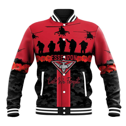 Personalised Essendon Football ANZAC Day Baseball Jacket Bombers Poppy Lest We Forget