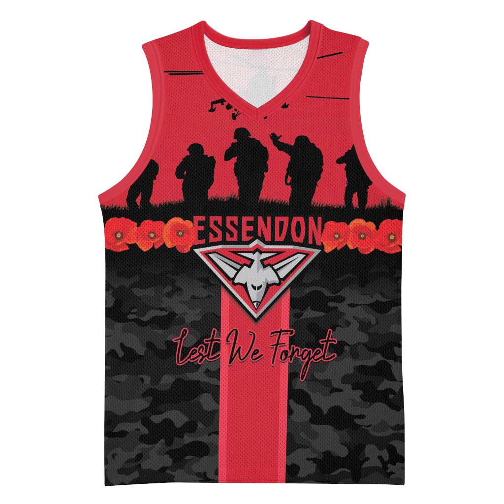 Personalised Essendon Football ANZAC Day Basketball Jersey Bombers Poppy Lest We Forget