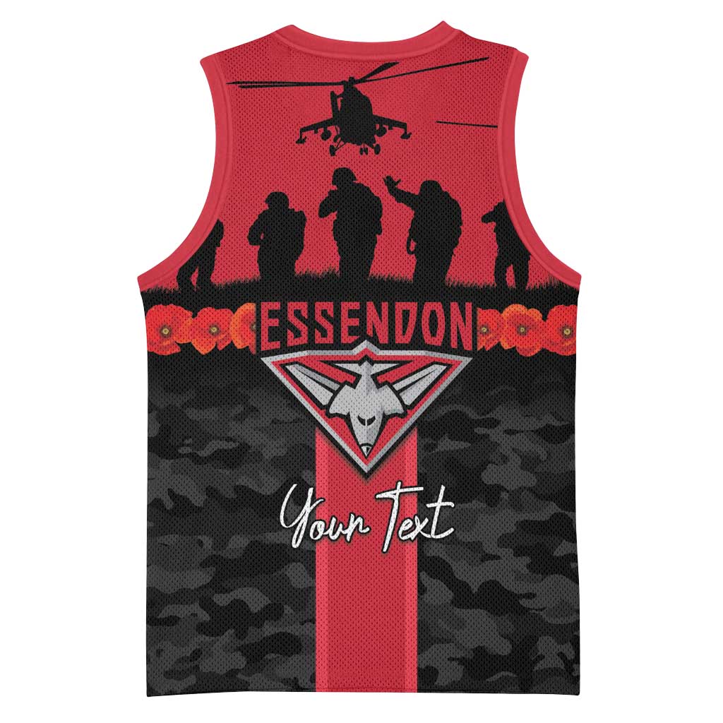 Personalised Essendon Football ANZAC Day Basketball Jersey Bombers Poppy Lest We Forget