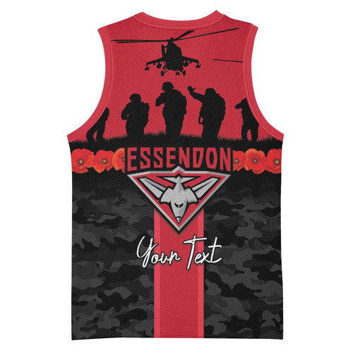 Personalised Essendon Football ANZAC Day Basketball Jersey Bombers Poppy Lest We Forget