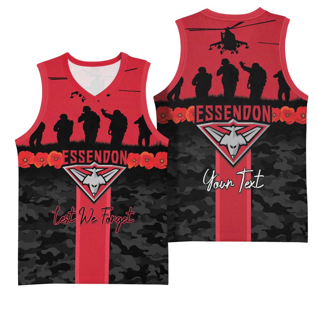 Personalised Essendon Football ANZAC Day Basketball Jersey Bombers Poppy Lest We Forget