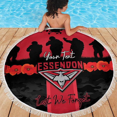 Personalised Essendon Football ANZAC Day Beach Blanket Bombers Poppy Lest We Forget