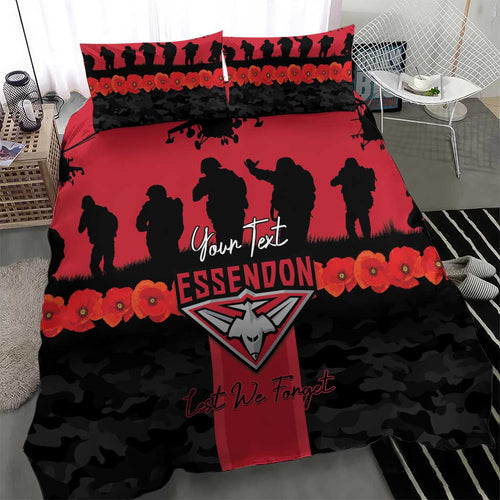 Personalised Essendon Football ANZAC Day Bedding Set Bombers Poppy Lest We Forget