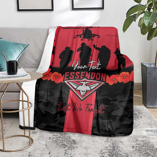 Personalised Essendon Football ANZAC Day Blanket Bombers Poppy Lest We Forget