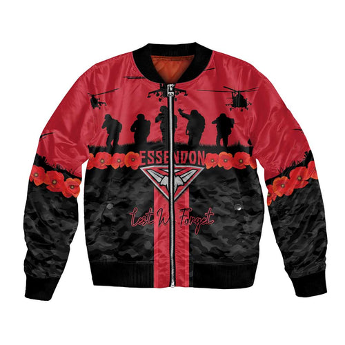 Personalised Essendon Football ANZAC Day Bomber Jacket Bombers Poppy Lest We Forget