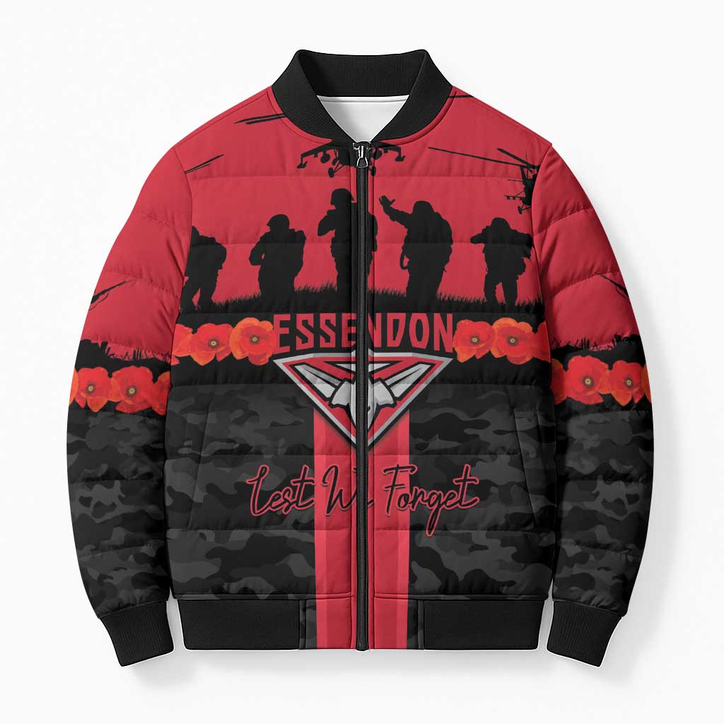 Personalised Essendon Football ANZAC Day Bomber Puffer Jacket Bombers Poppy Lest We Forget