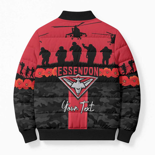 Personalised Essendon Football ANZAC Day Bomber Puffer Jacket Bombers Poppy Lest We Forget