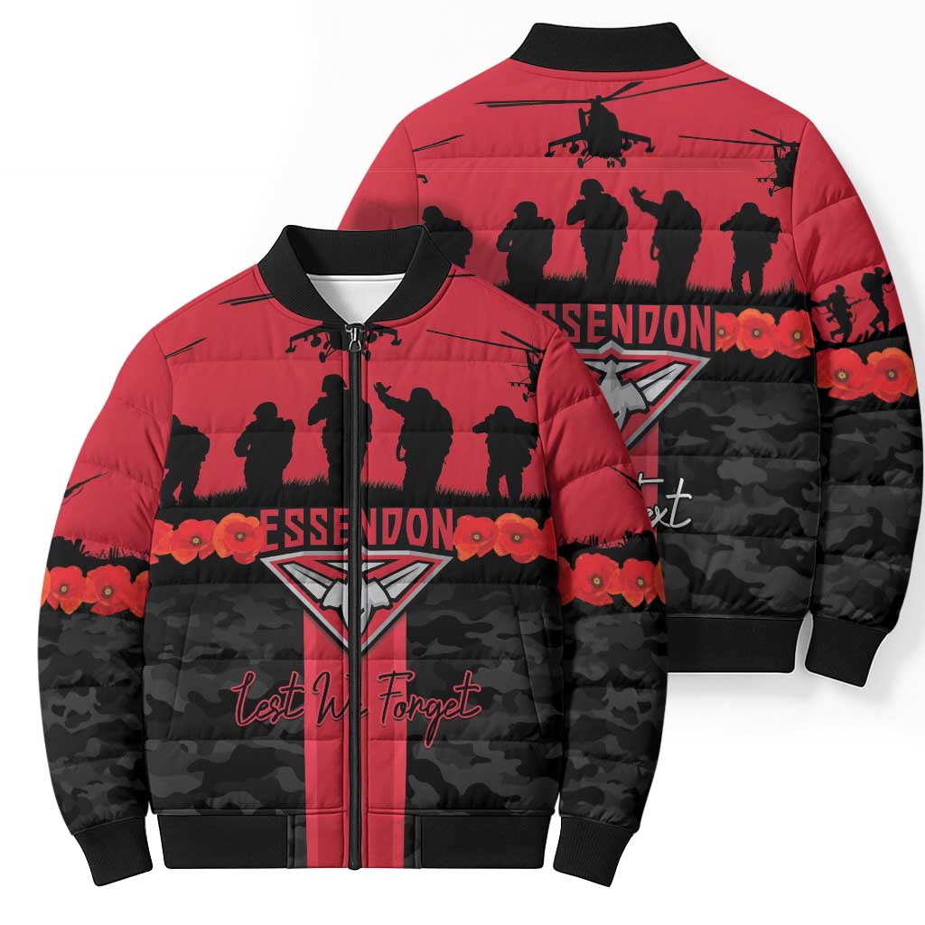 Personalised Essendon Football ANZAC Day Bomber Puffer Jacket Bombers Poppy Lest We Forget