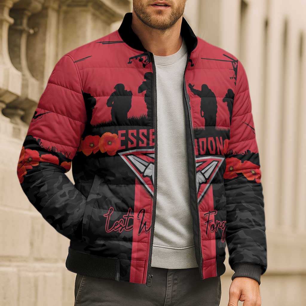 Personalised Essendon Football ANZAC Day Bomber Puffer Jacket Bombers Poppy Lest We Forget