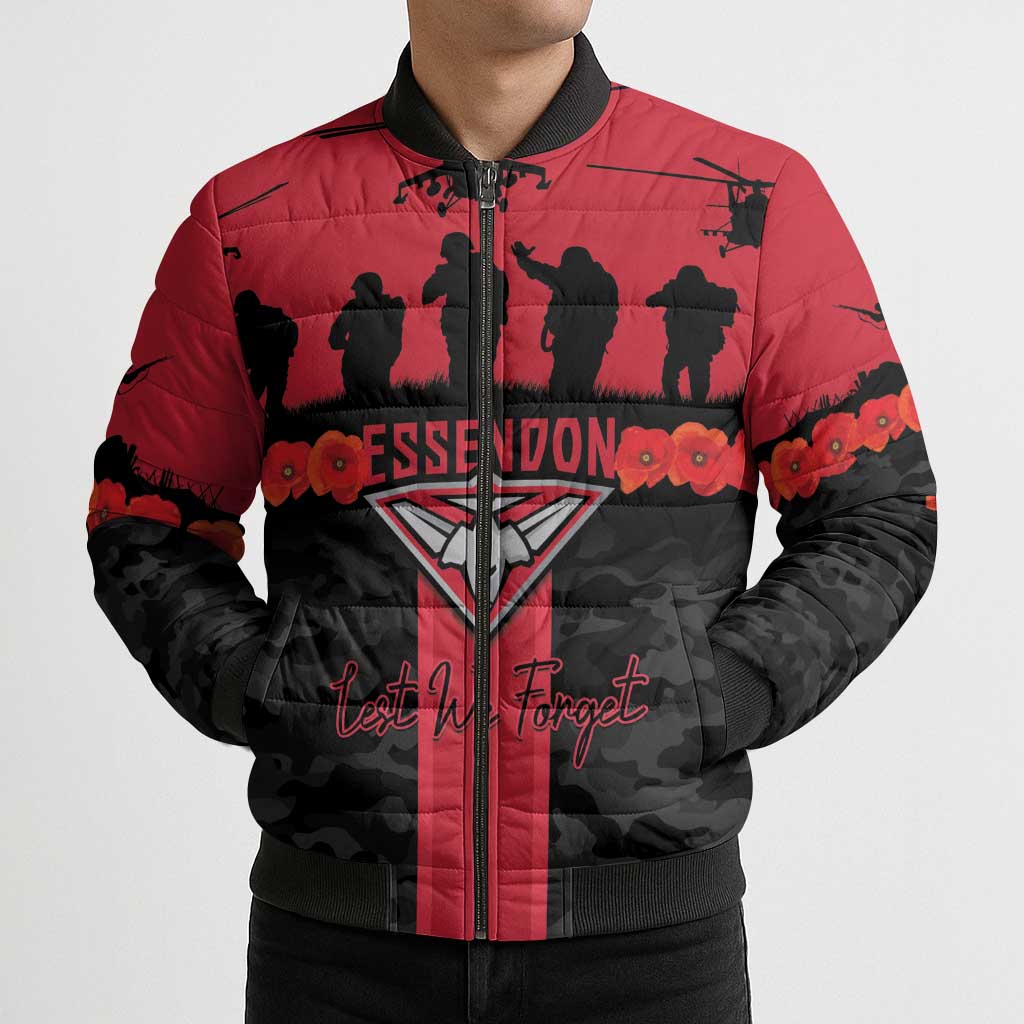 Personalised Essendon Football ANZAC Day Bomber Puffer Jacket Bombers Poppy Lest We Forget