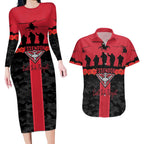Personalised Essendon Football ANZAC Day Couples Matching Long Sleeve Bodycon Dress and Hawaiian Shirt Bombers Poppy Lest We Forget