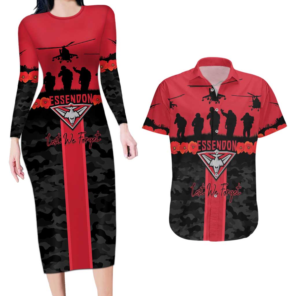 Personalised Essendon Football ANZAC Day Couples Matching Long Sleeve Bodycon Dress and Hawaiian Shirt Bombers Poppy Lest We Forget