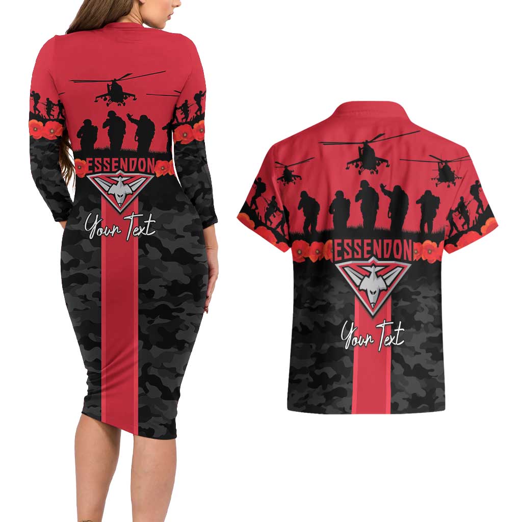 Personalised Essendon Football ANZAC Day Couples Matching Long Sleeve Bodycon Dress and Hawaiian Shirt Bombers Poppy Lest We Forget