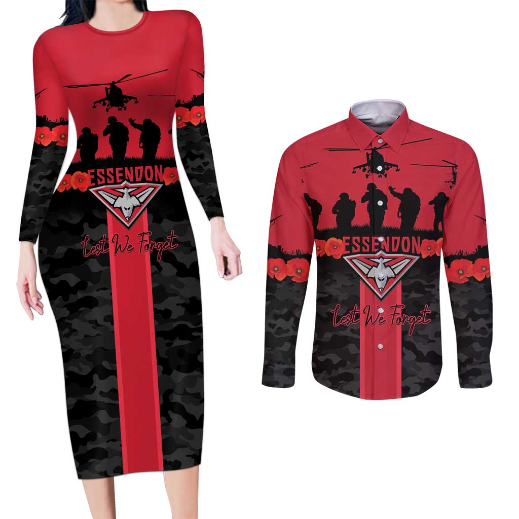 Personalised Essendon Football ANZAC Day Couples Matching Long Sleeve Bodycon Dress and Long Sleeve Button Shirt Bombers Poppy Lest We Forget