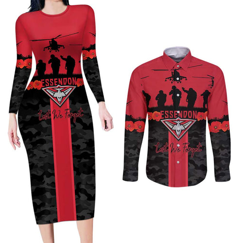 Personalised Essendon Football ANZAC Day Couples Matching Long Sleeve Bodycon Dress and Long Sleeve Button Shirt Bombers Poppy Lest We Forget