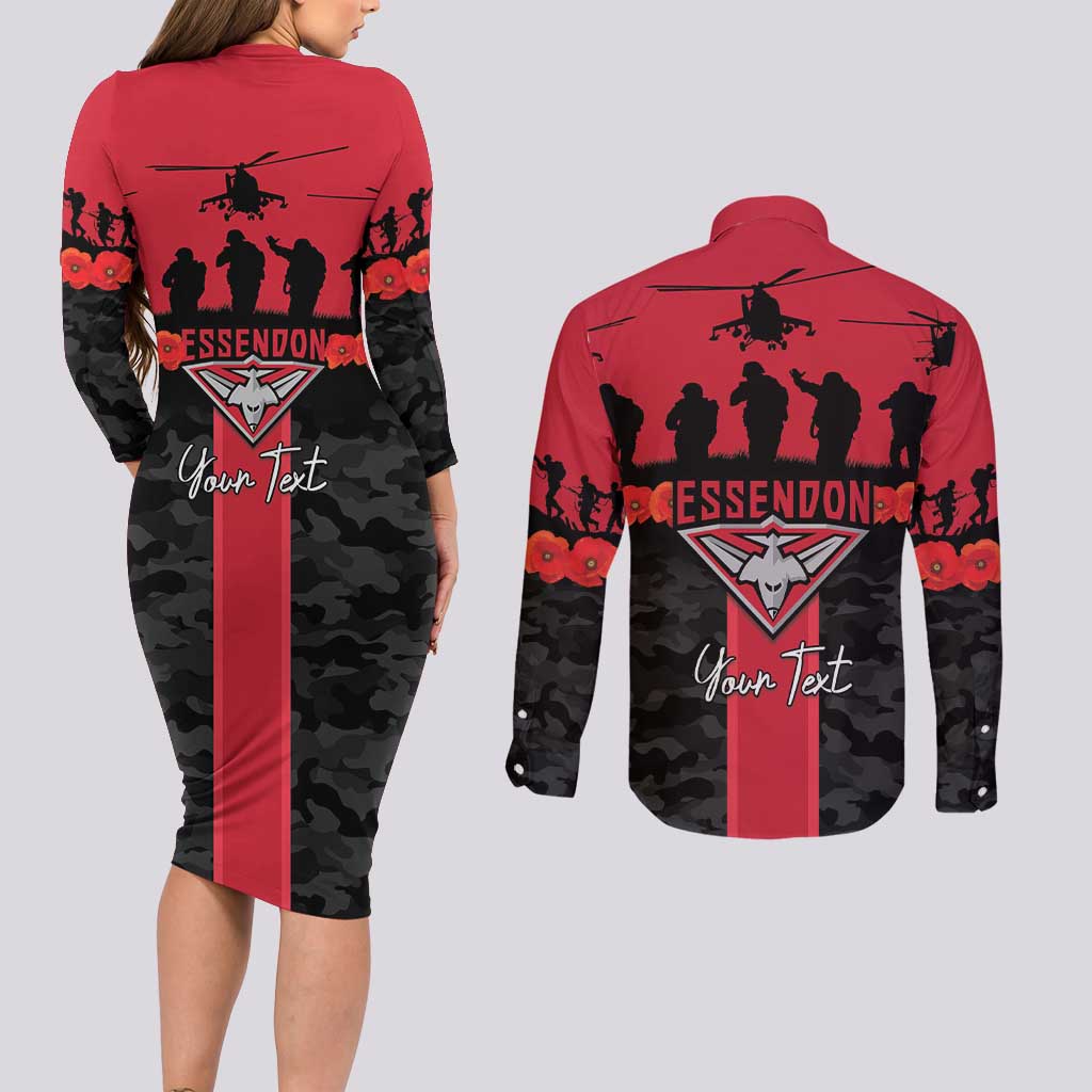 Personalised Essendon Football ANZAC Day Couples Matching Long Sleeve Bodycon Dress and Long Sleeve Button Shirt Bombers Poppy Lest We Forget
