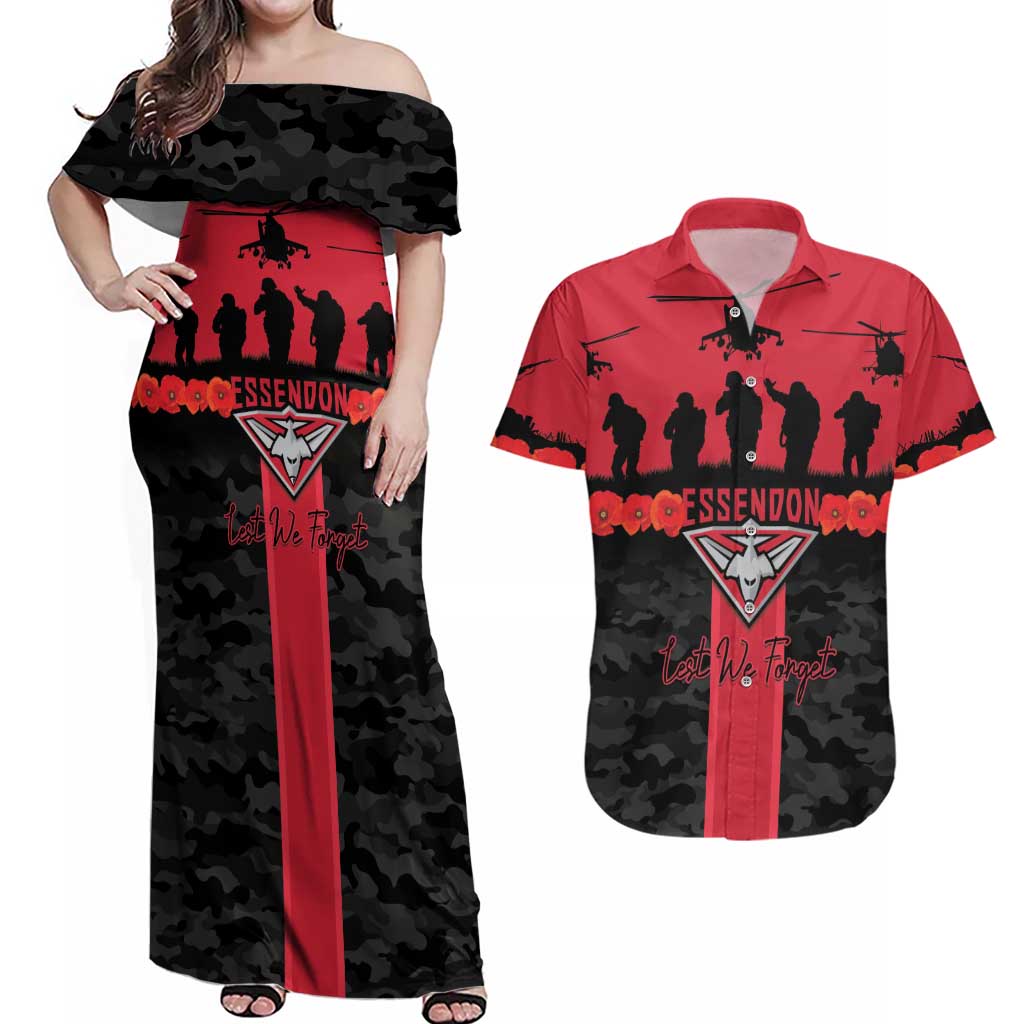 Personalised Essendon Football ANZAC Day Couples Matching Off Shoulder Maxi Dress and Hawaiian Shirt Bombers Poppy Lest We Forget