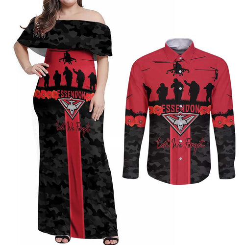 Personalised Essendon Football ANZAC Day Couples Matching Off Shoulder Maxi Dress and Long Sleeve Button Shirt Bombers Poppy Lest We Forget