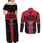 Personalised Essendon Football ANZAC Day Couples Matching Off Shoulder Maxi Dress and Long Sleeve Button Shirt Bombers Poppy Lest We Forget