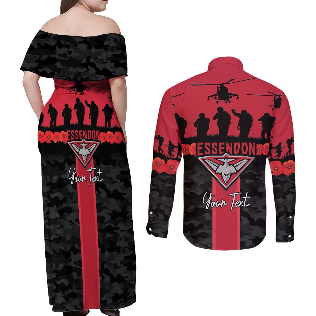 Personalised Essendon Football ANZAC Day Couples Matching Off Shoulder Maxi Dress and Long Sleeve Button Shirt Bombers Poppy Lest We Forget