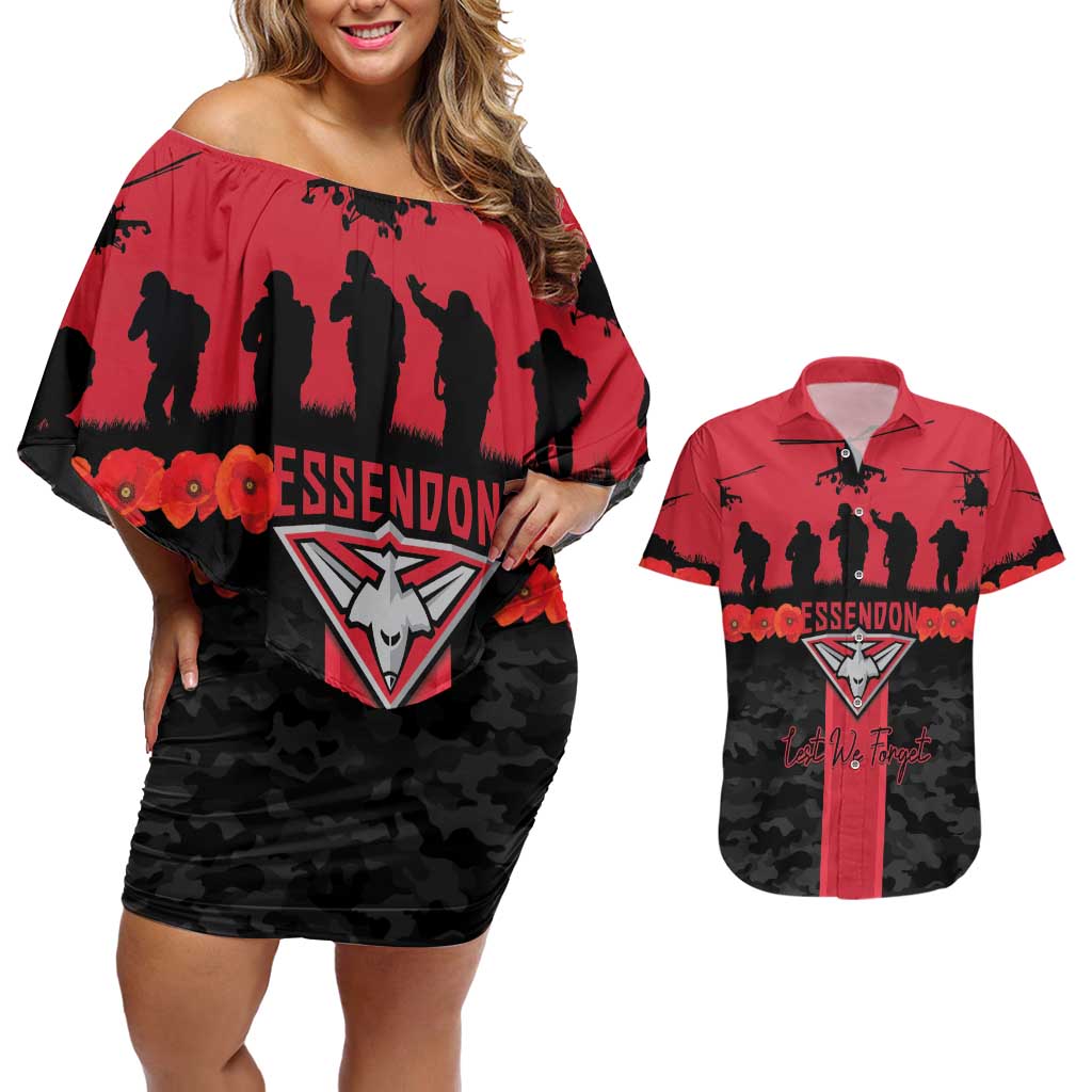 Personalised Essendon Football ANZAC Day Couples Matching Off Shoulder Short Dress and Hawaiian Shirt Bombers Poppy Lest We Forget