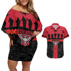 Personalised Essendon Football ANZAC Day Couples Matching Off Shoulder Short Dress and Hawaiian Shirt Bombers Poppy Lest We Forget