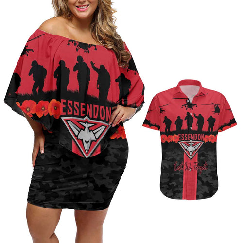 Personalised Essendon Football ANZAC Day Couples Matching Off Shoulder Short Dress and Hawaiian Shirt Bombers Poppy Lest We Forget
