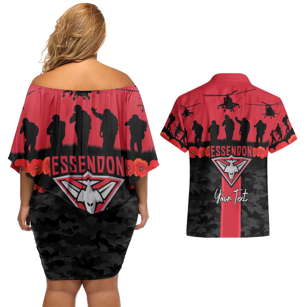 Personalised Essendon Football ANZAC Day Couples Matching Off Shoulder Short Dress and Hawaiian Shirt Bombers Poppy Lest We Forget