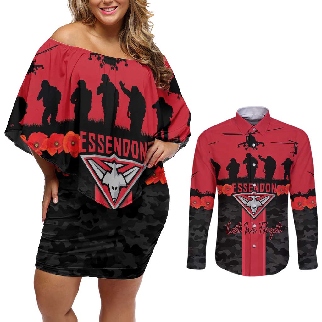 Personalised Essendon Football ANZAC Day Couples Matching Off Shoulder Short Dress and Long Sleeve Button Shirt Bombers Poppy Lest We Forget