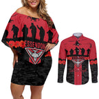 Personalised Essendon Football ANZAC Day Couples Matching Off Shoulder Short Dress and Long Sleeve Button Shirt Bombers Poppy Lest We Forget