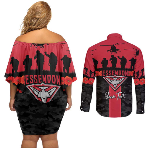 Personalised Essendon Football ANZAC Day Couples Matching Off Shoulder Short Dress and Long Sleeve Button Shirt Bombers Poppy Lest We Forget