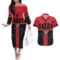 Personalised Essendon Football ANZAC Day Couples Matching Off The Shoulder Long Sleeve Dress and Hawaiian Shirt Bombers Poppy Lest We Forget