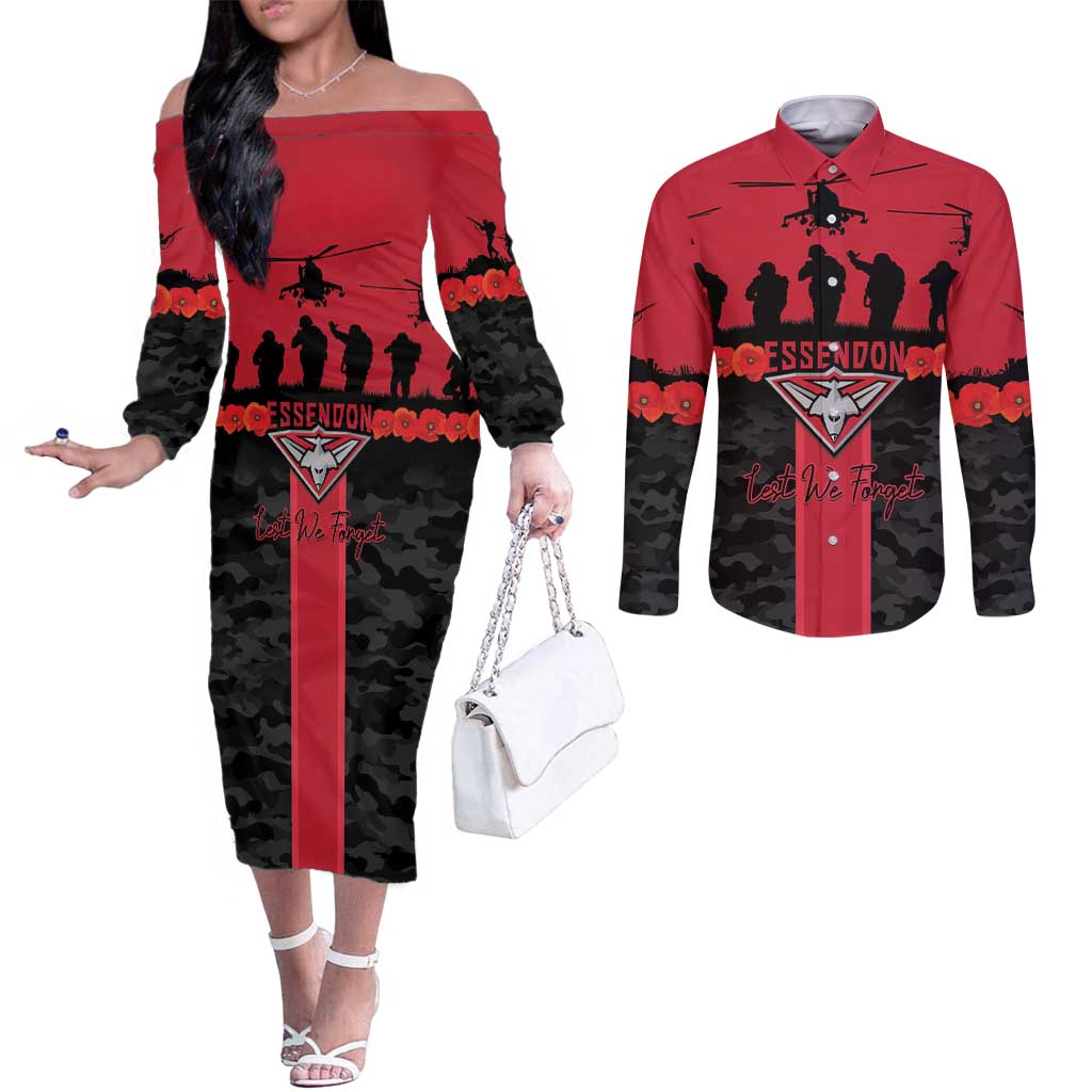 Personalised Essendon Football ANZAC Day Couples Matching Off The Shoulder Long Sleeve Dress and Long Sleeve Button Shirt Bombers Poppy Lest We Forget